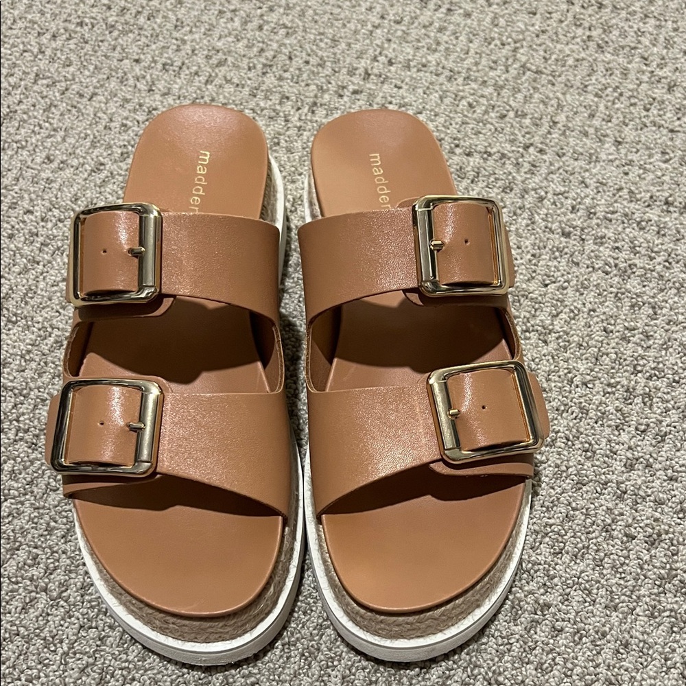 Madden Girl Tan Double-Buckle Slide Sandals